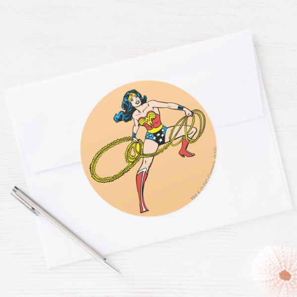 Wonder_Woman_Swinging_Lasso_Right_Classic_Round_Sticker_3 Wonder Woman Swinging Lasso Right Classic Round Sticker