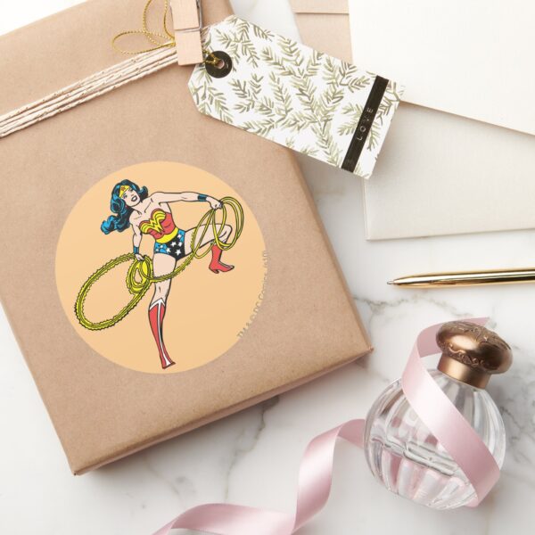 Wonder_Woman_Swinging_Lasso_Right_Classic_Round_Sticker_5 Wonder Woman Swinging Lasso Right Classic Round Sticker