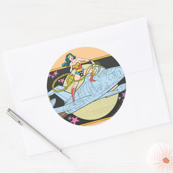 Wonder_Woman_with_Jet_Classic_Round_Sticker_3 Wonder Woman With Jet Classic Round Sticker