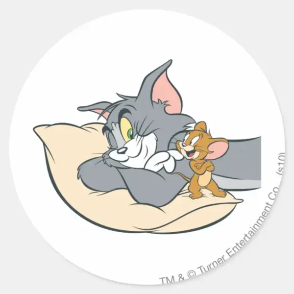 tom_and_jerry_on_pillow_classic_round_sticker_1 Tom And Jerry On Pillow Classic Round Sticker