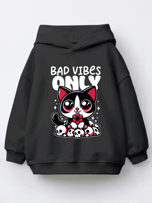 Bad Vibes Only Cute Black Cat Kids Hoodie