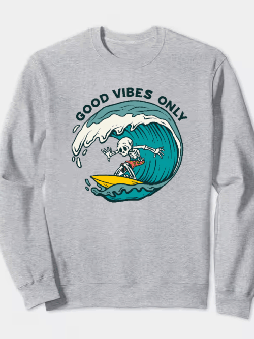 Chill Skeleton Riding Waves with Good Vibes Energy Crewneck Sweatshirt
