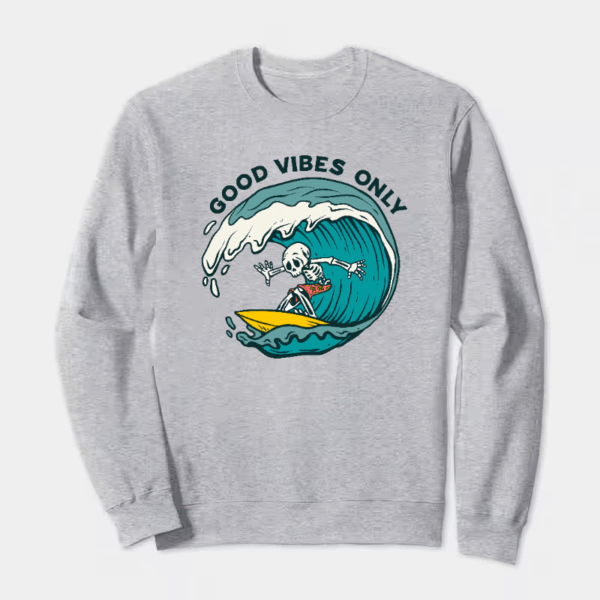 Chill Skeleton Riding Waves with Good Vibes Energy Crewneck Sweatshirt