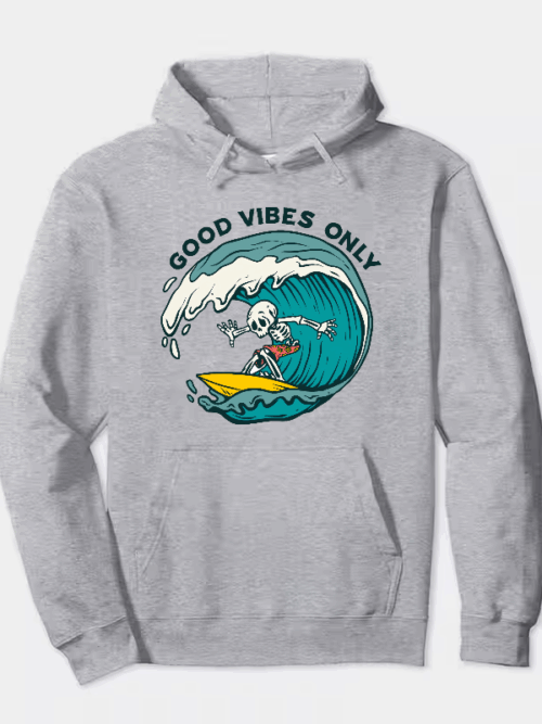 Chill Skeleton Riding Waves with Good Vibes Energy Hoodie