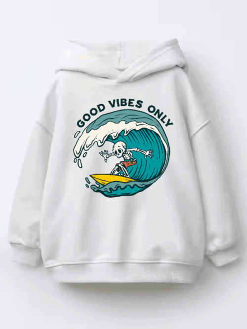 Chill Skeleton Riding Waves with Good Vibes Energy Kids Hoodie