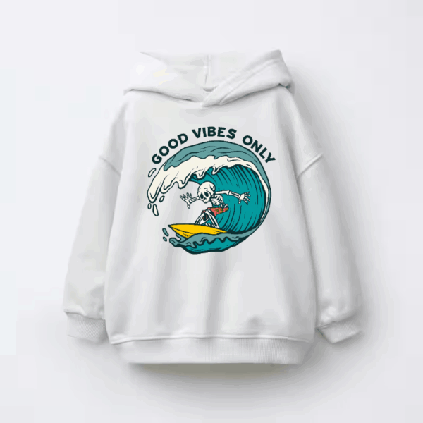 Chill Skeleton Riding Waves with Good Vibes Energy Kids Hoodie