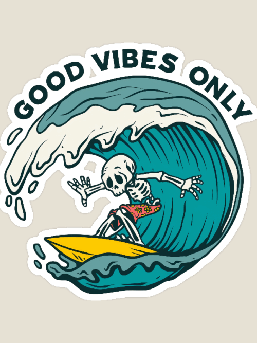 Chill Skeleton Riding Waves with Good Vibes Energy Sticker