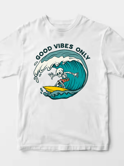 Chill Skeleton Riding Waves with Good Vibes Energy Unisex T-Shirt