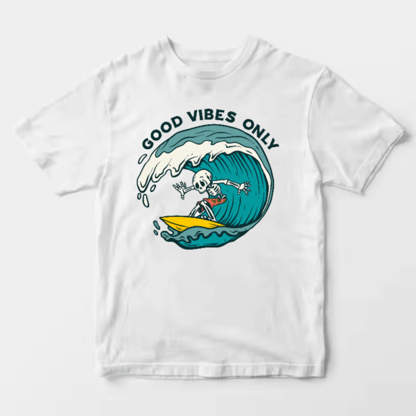 Chill Skeleton Riding Waves with Good Vibes Energy Unisex T-Shirt
