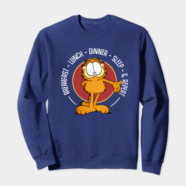 Garfield Breakfast Lunch Dinner Sleep Repeat Life Crewneck Sweatshirt
