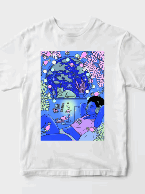 Lost in Space Dreams Blue Neon Girl and Cat Aesthetic Unisex T-Shirt