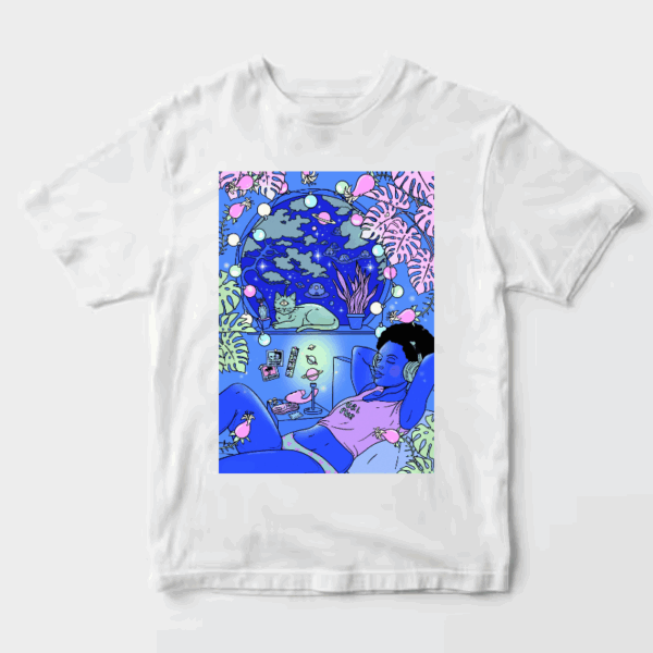 Lost in Space Dreams Blue Neon Girl and Cat Aesthetic Unisex T-Shirt