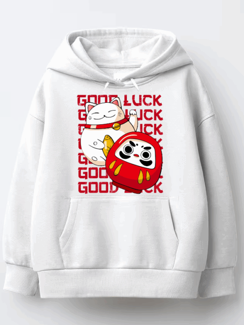 Neko Cat & Daruma Doll Japanese Good Luck  Hoodie