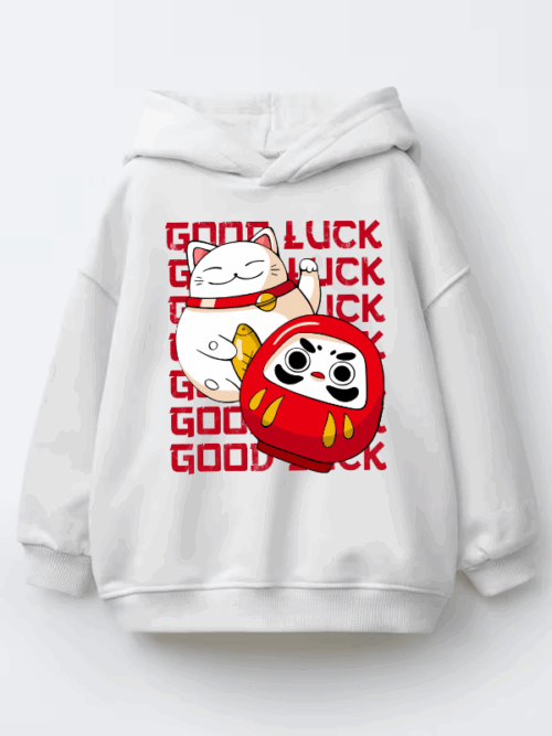 Neko Cat & Daruma Doll Japanese Good Luck  Kids Hoodie