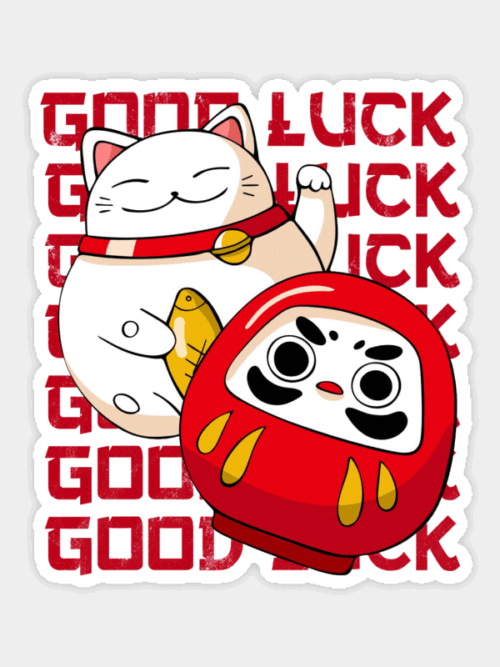 Neko Cat & Daruma Doll Japanese Good Luck  Sticker