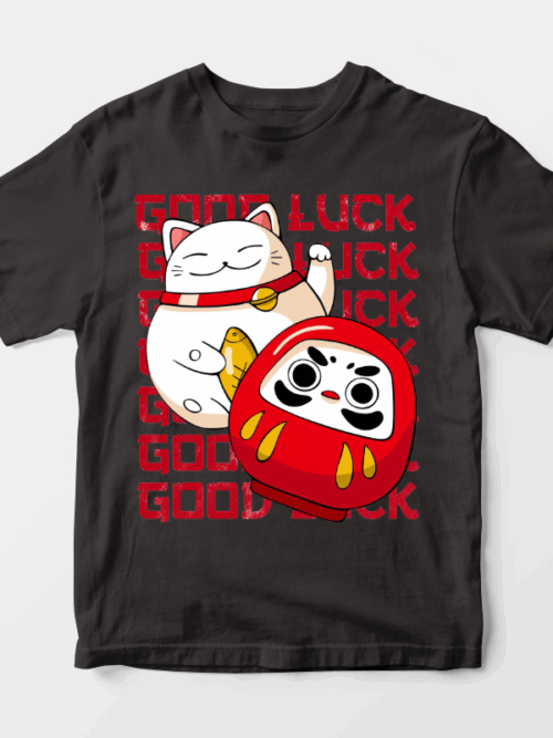 Neko Cat & Daruma Doll Japanese Good Luck  Unisex T-Shirt