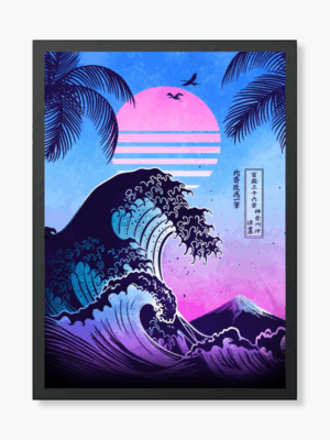Neon Surge of The Great Wave Retro Aesthetic Poster
