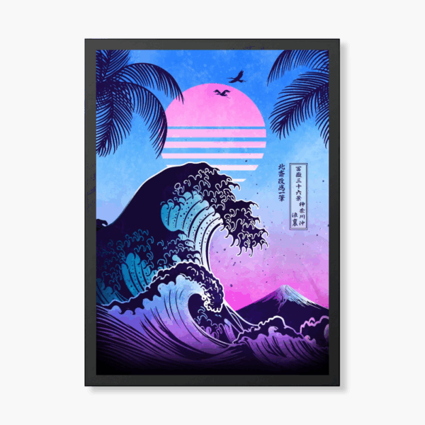 Neon Surge of The Great Wave Retro Aesthetic Poster