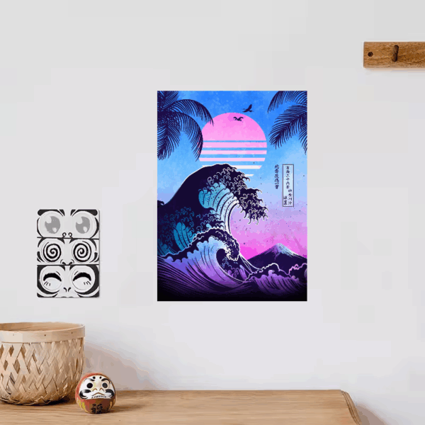 Neon Surge of The Great Wave Retro Aesthetic Poster