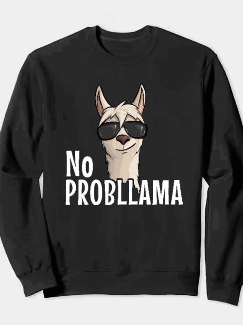 No ProbLlama Funky Alpaca Hipster Llama With Glasses Crewneck Sweatshirt