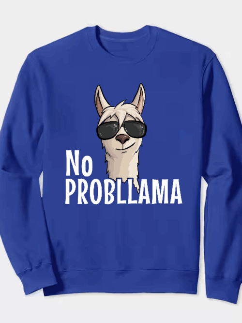 No ProbLlama Funky Alpaca Hipster Llama With Glasses Crewneck Sweatshirt