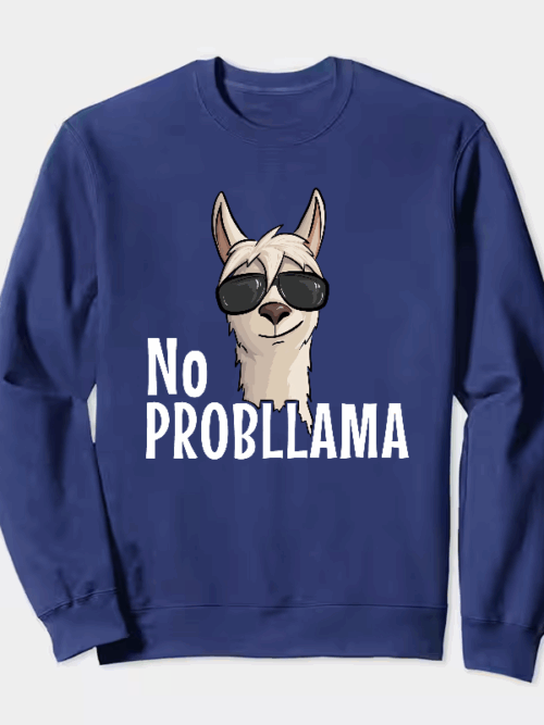 No ProbLlama Funky Alpaca Hipster Llama With Glasses Crewneck Sweatshirt